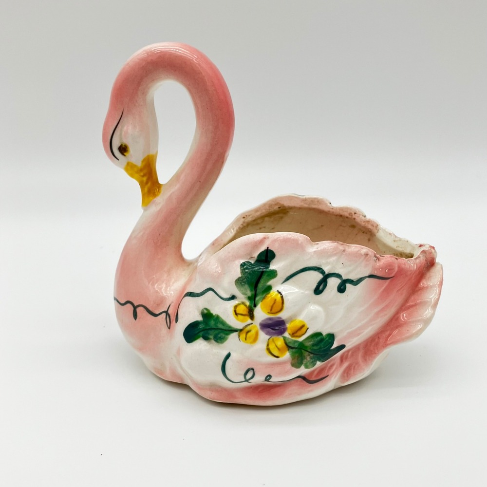 Vintage Pink Swan Ceramic Planter Hand Painted Japan 5.5in Floral Kitsch Decor